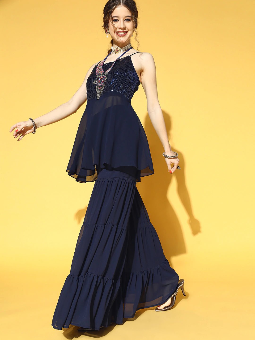 Women Navy Blue Sequinned Kurta with Sharara & Dupatta - Inddus.com