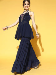 Women Navy Blue Sequinned Kurta with Sharara & Dupatta - Inddus.com