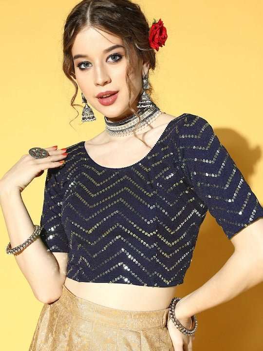 Women Navy Blue Sequinned Stretchable Blouse - Inddus.com