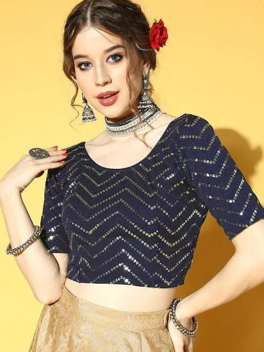 Women Navy Blue Sequinned Stretchable Blouse - Inddus.com