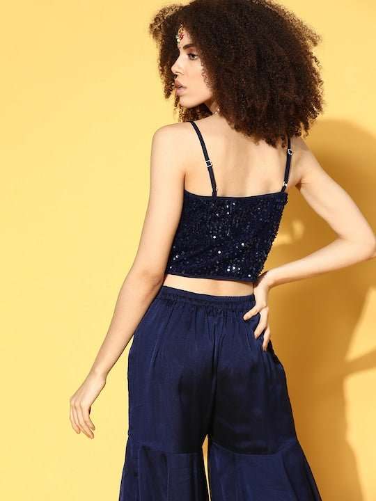 Women Navy Blue Sequinned Velvet Stretchable Blouse - Inddus.com