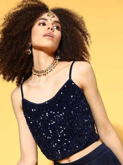 Women Navy Blue Sequinned Velvet Stretchable Blouse - Inddus.com