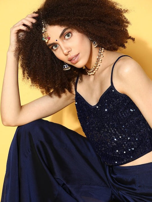 Women Navy Blue Sequinned Velvet Stretchable Blouse - Inddus.com