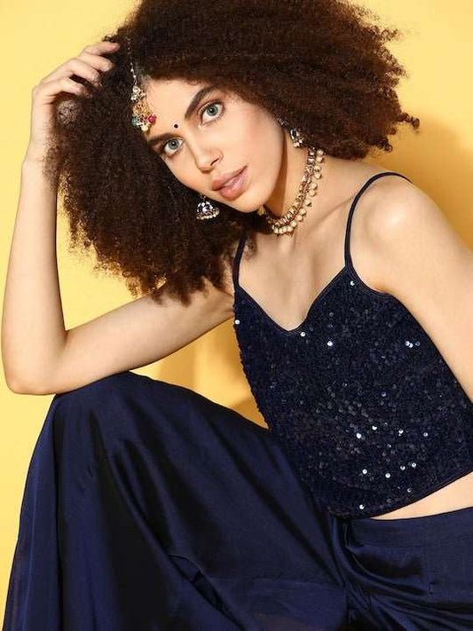 Women Navy Blue Sequinned Velvet Stretchable Blouse - Inddus.com