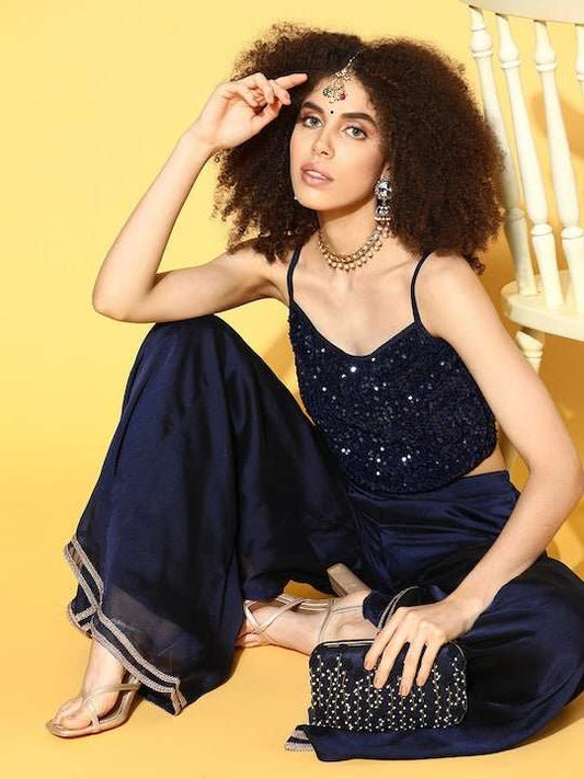 Women Navy Blue Sequinned Velvet Stretchable Blouse - Inddus.com