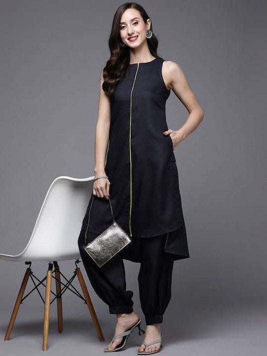 Women Navy Blue Solid Kurta with Salwar - Inddus.com