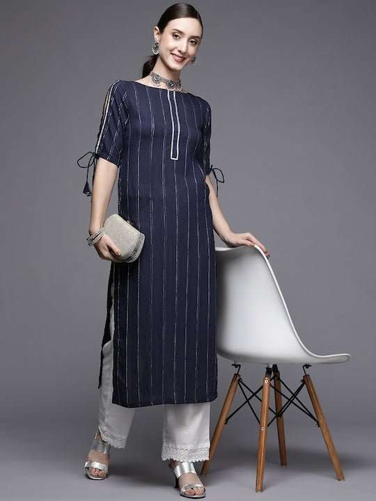 Women Navy Blue Striped Kurta - Inddus.com