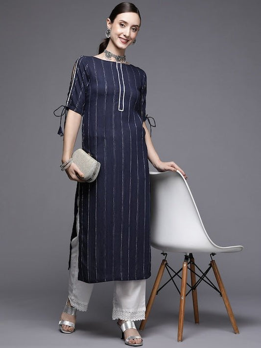 Women Navy Blue Striped Kurta - Inddus.com
