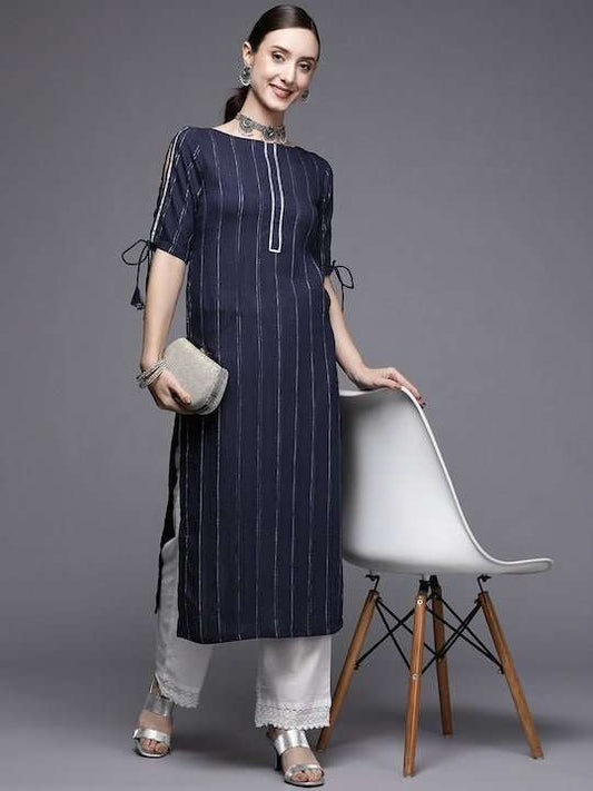 Women Navy Blue Striped Kurta - Inddus.com
