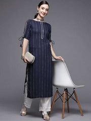 Women Navy Blue Striped Kurta - Inddus.com