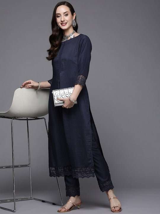 Women Navy Blue Thread Work Kurta with Trousers - Inddus.com