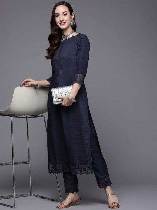 Women Navy Blue Thread Work Kurta with Trousers - Inddus.com