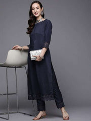 Women Navy Blue Thread Work Kurta with Trousers - Inddus.com