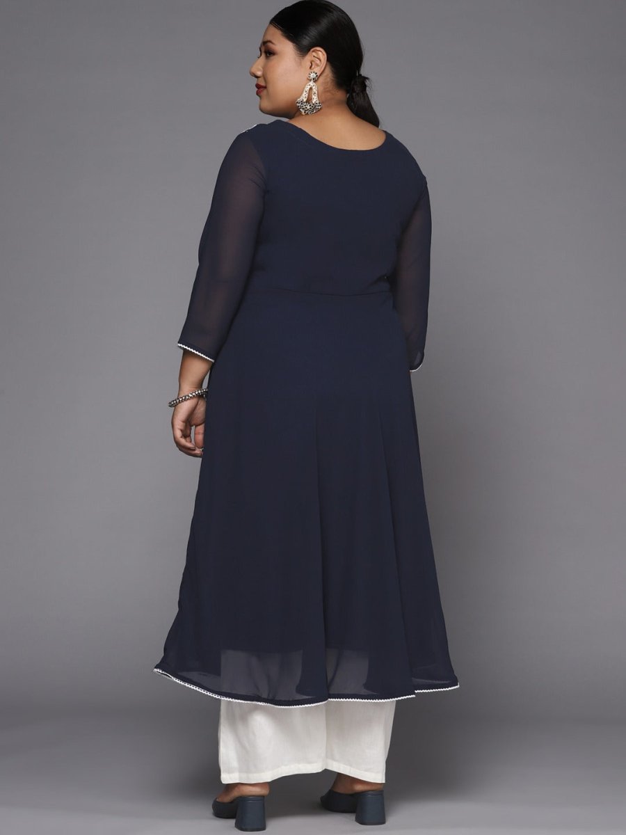 Women Navy Blue & White Embroidered Thread Work Georgette Anarkali Kurta - Inddus.com