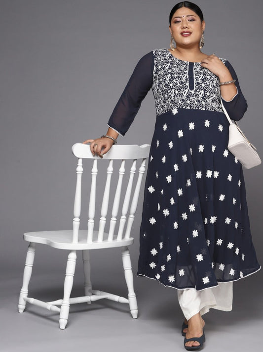 Women Navy Blue & White Embroidered Thread Work Georgette Anarkali Kurta - Inddus.com