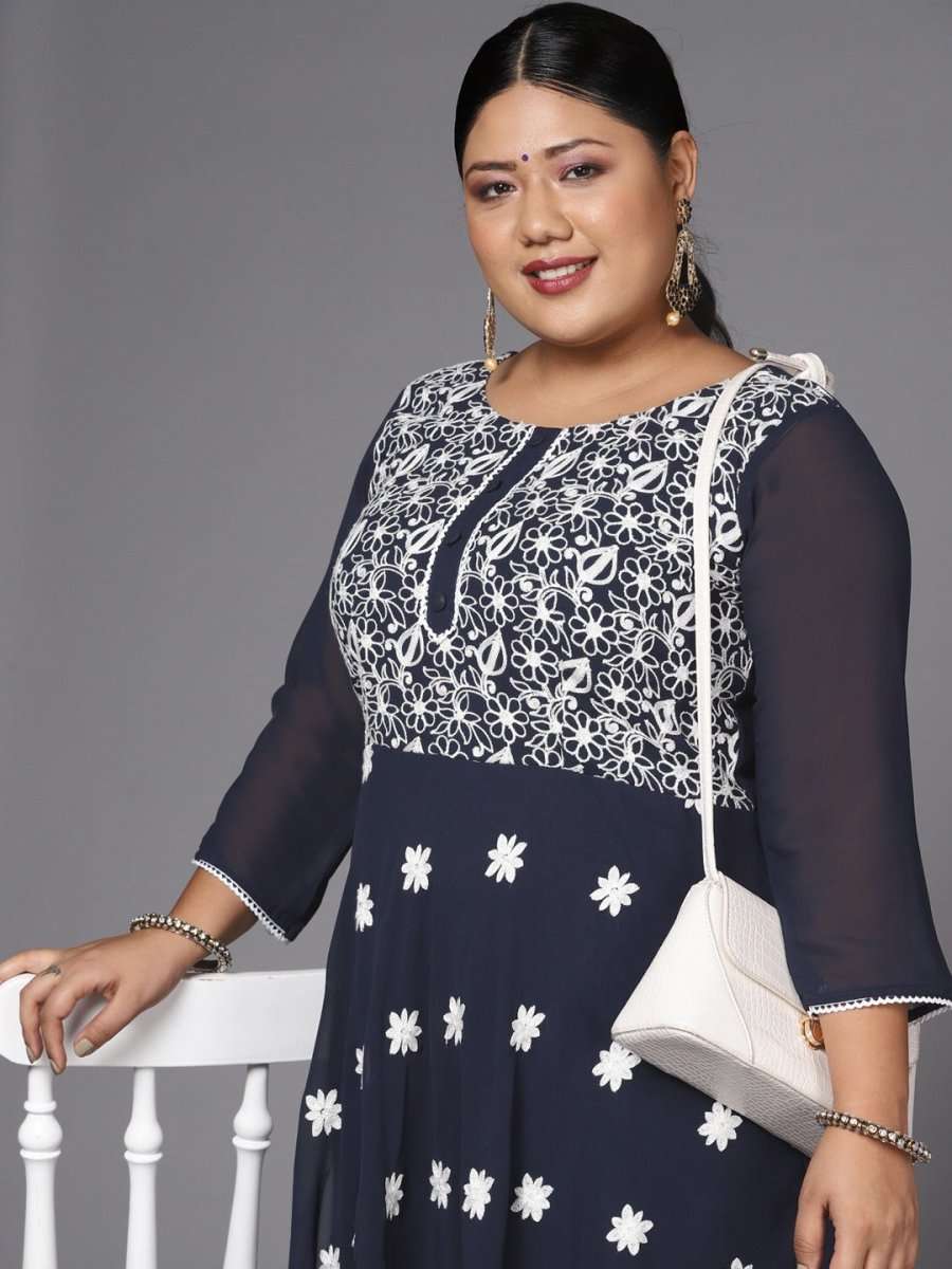 Women Navy Blue & White Embroidered Thread Work Georgette Anarkali Kurta - Inddus.com