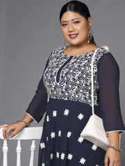 Women Navy Blue & White Embroidered Thread Work Georgette Anarkali Kurta - Inddus.com