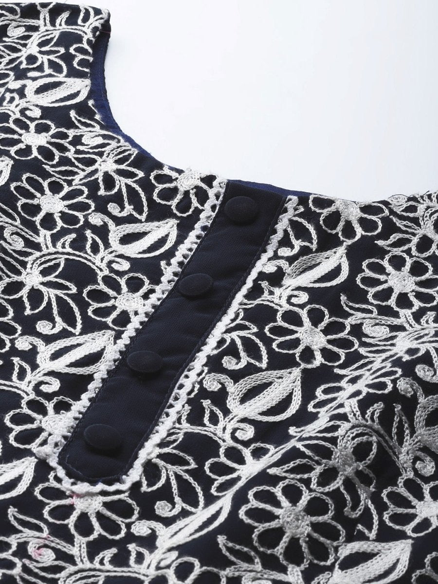 Women Navy Blue & White Embroidered Thread Work Georgette Anarkali Kurta - Inddus.com