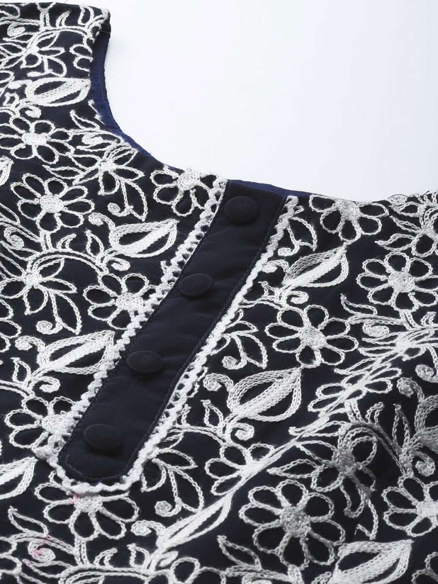 Women Navy Blue & White Embroidered Thread Work Georgette Anarkali Kurta - Inddus.com