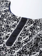 Women Navy Blue & White Embroidered Thread Work Georgette Anarkali Kurta - Inddus.com