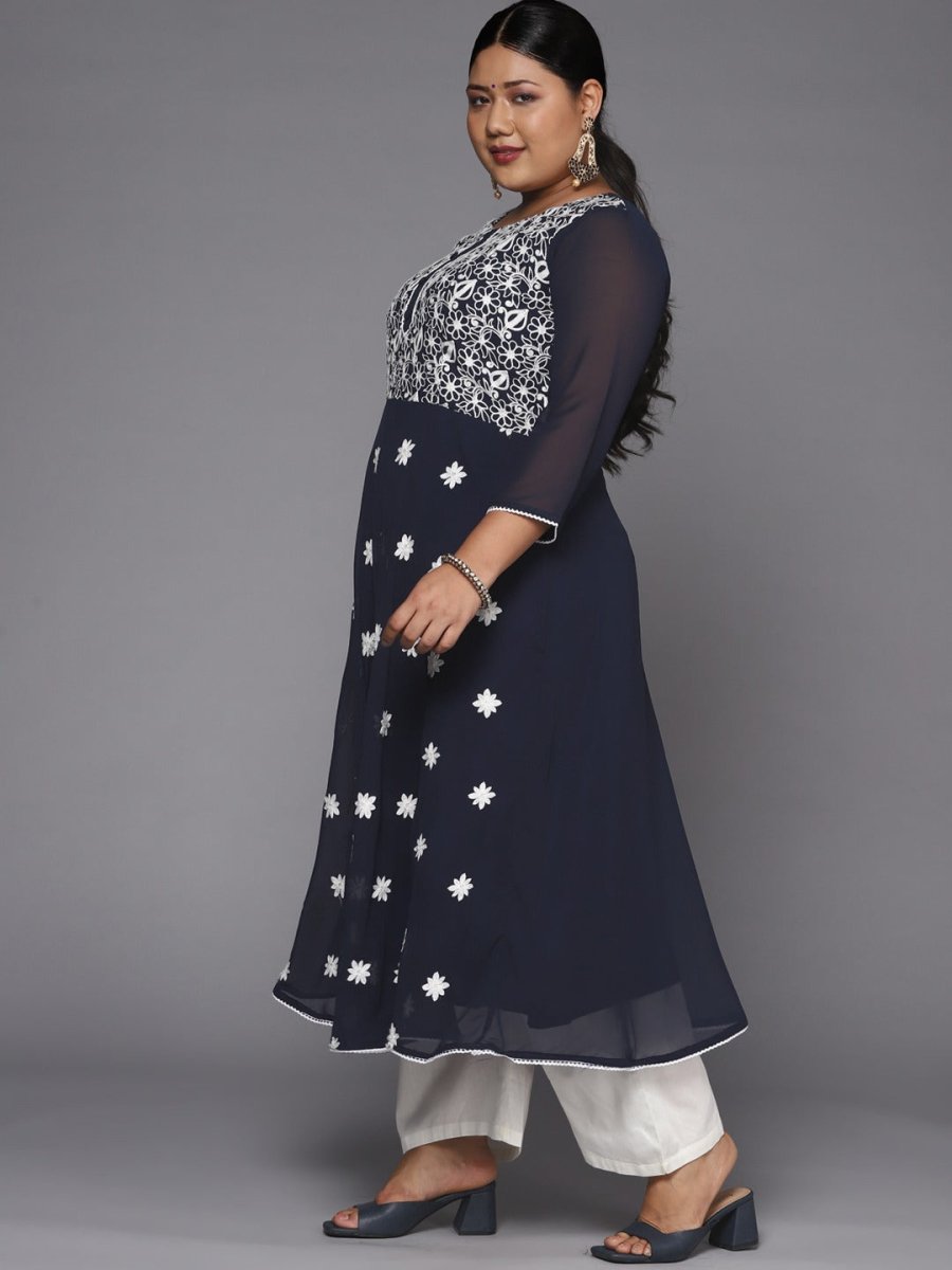 Women Navy Blue & White Embroidered Thread Work Georgette Anarkali Kurta - Inddus.com