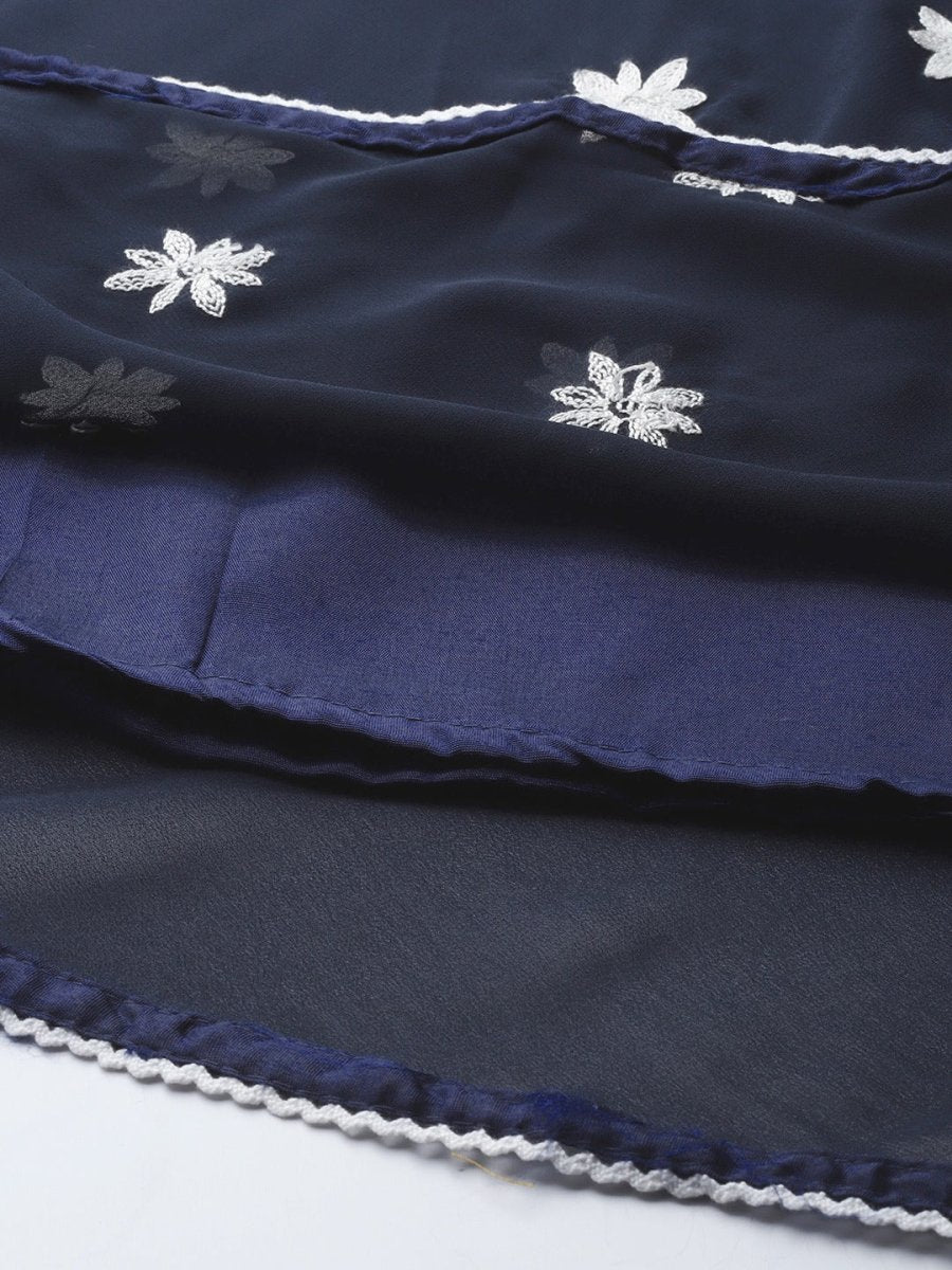 Women Navy Blue & White Embroidered Thread Work Georgette Anarkali Kurta - Inddus.com