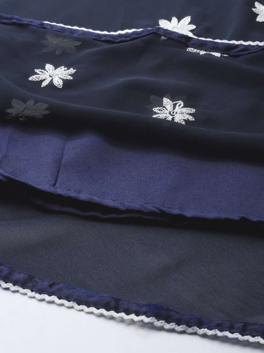 Women Navy Blue & White Embroidered Thread Work Georgette Anarkali Kurta - Inddus.com