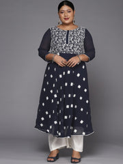 Women Navy Blue & White Embroidered Thread Work Georgette Anarkali Kurta - Inddus.com