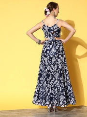 Women Navy Blue & White Floral Printed Top & Skirt - Inddus.com
