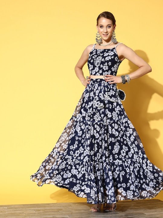 Women Navy Blue & White Floral Printed Top & Skirt - Inddus.com