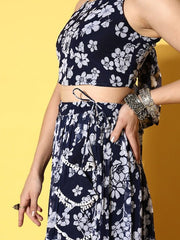 Women Navy Blue & White Floral Printed Top & Skirt - Inddus.com