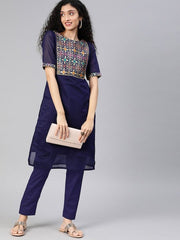 Women Navy Blue & Yellow Yoke Design Kurta with Trousers - Inddus.com