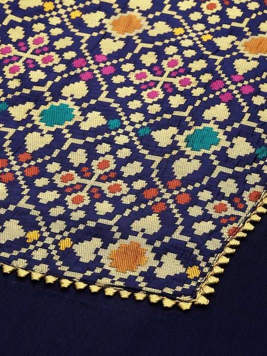Women Navy Blue & Yellow Yoke Design Kurta with Trousers - Inddus.com
