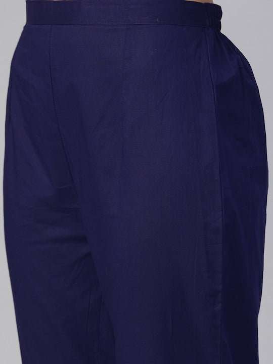 Women Navy Blue & Yellow Yoke Design Kurta with Trousers - Inddus.com