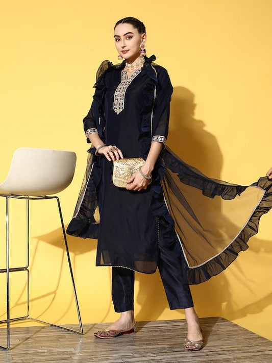 Women Navy Blue Yoke Design Chanderi Cotton Kurta with Trousers & With Dupatta - Inddus.com