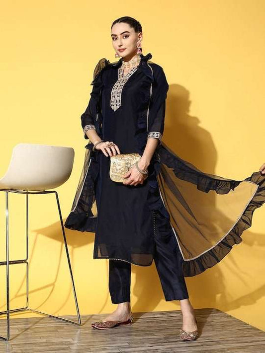 Women Navy Blue Yoke Design Chanderi Cotton Kurta with Trousers & With Dupatta - Inddus.com
