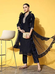 Women Navy Blue Yoke Design Chanderi Cotton Kurta with Trousers & With Dupatta - Inddus.com