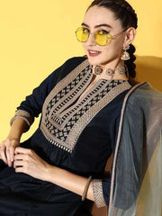 Women Navy Blue Yoke Design Pleated Kurta with Trousers & With Dupatta - Inddus.com