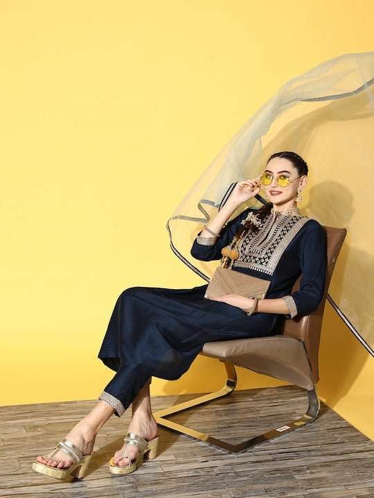 Women Navy Blue Yoke Design Pleated Kurta with Trousers & With Dupatta - Inddus.com