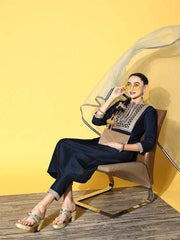 Women Navy Blue Yoke Design Pleated Kurta with Trousers & With Dupatta - Inddus.com