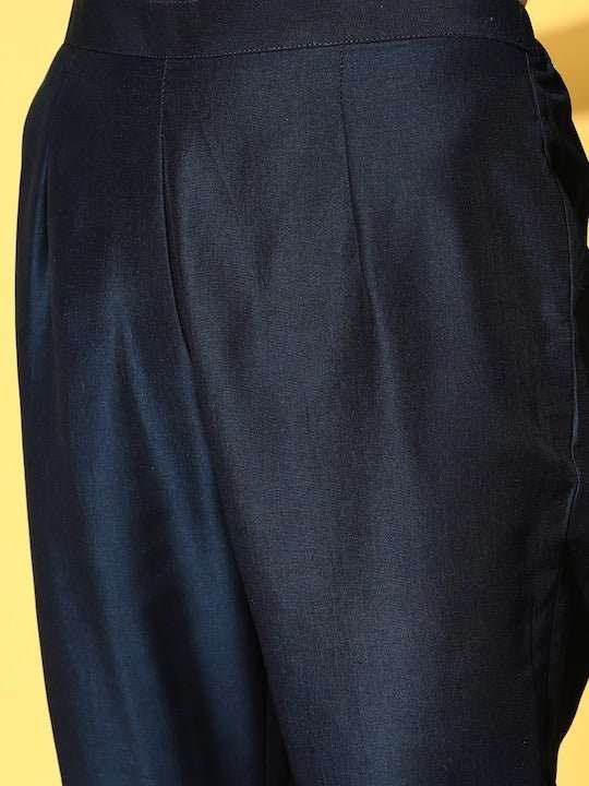 Women Navy Blue Yoke Design Pleated Kurta with Trousers & With Dupatta - Inddus.com