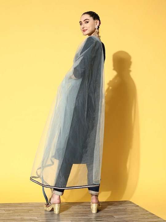Women Navy Blue Yoke Design Pleated Kurta with Trousers & With Dupatta - Inddus.com