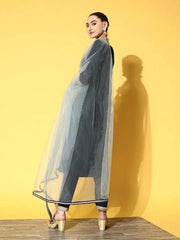 Women Navy Blue Yoke Design Pleated Kurta with Trousers & With Dupatta - Inddus.com