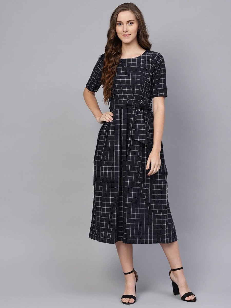 Women Navy & White Checked A-Line Dress - inddus-us