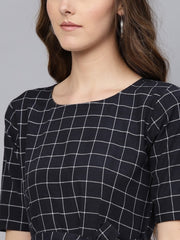 Women Navy & White Checked A-Line Dress - inddus-us