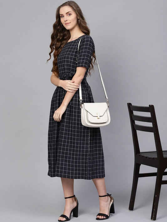 Women Navy & White Checked A-Line Dress - inddus-us