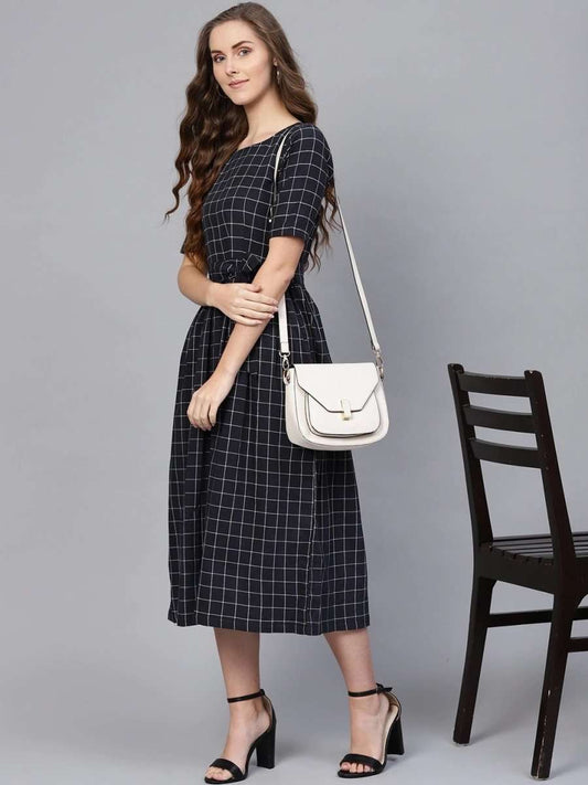Women Navy & White Checked A-Line Dress - inddus-us