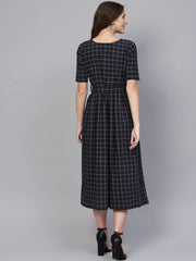 Women Navy & White Checked A-Line Dress - inddus-us