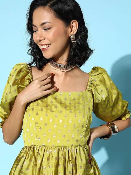 Women Neon Green Brocade Woven Self Design Dress - Inddus.com