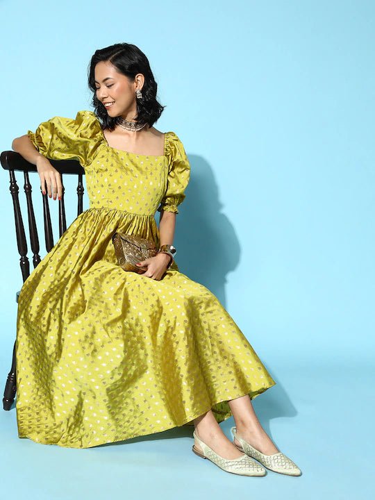 Women Neon Green Brocade Woven Self Design Dress - Inddus.com